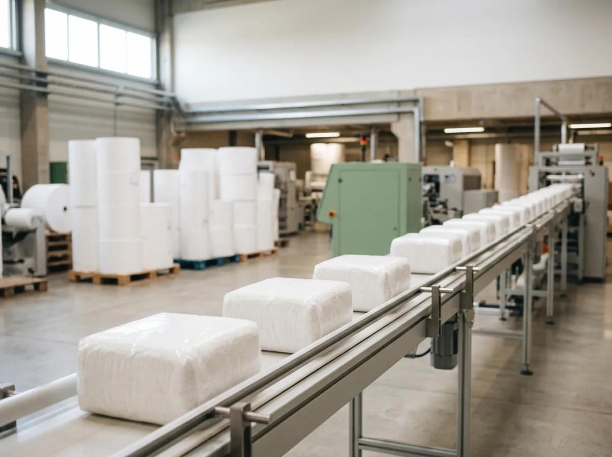 Packs of hygiene products moving along a conveyor on a bright production floor