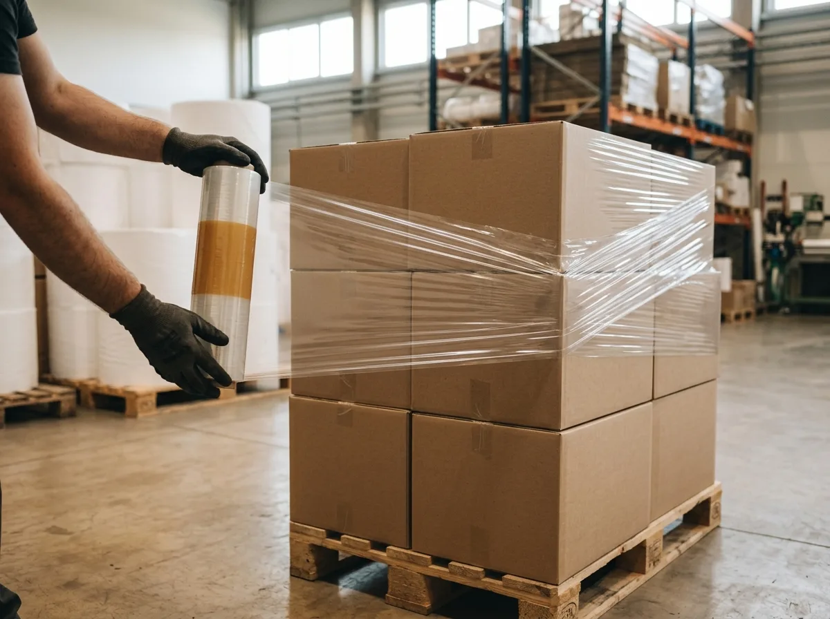 A worker's gloved hands wrapping a pallet of cartons in stretch film
