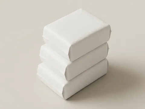 Three plain white packs of hygiene product, stacked on a pale surface